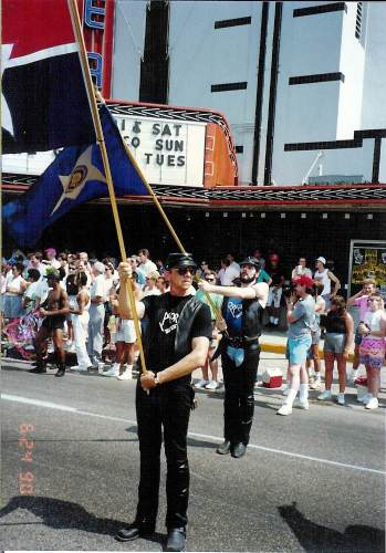 Dan Kalin in the Ripcord (leather bar) contingent in the 1990 Houston Gay Pride parade.