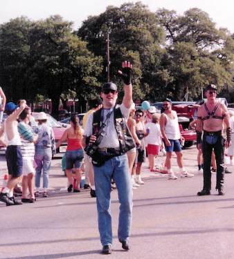 Doug waves to me from the NLA:Houston contingent in the 1992 Houston Gay Pride parade